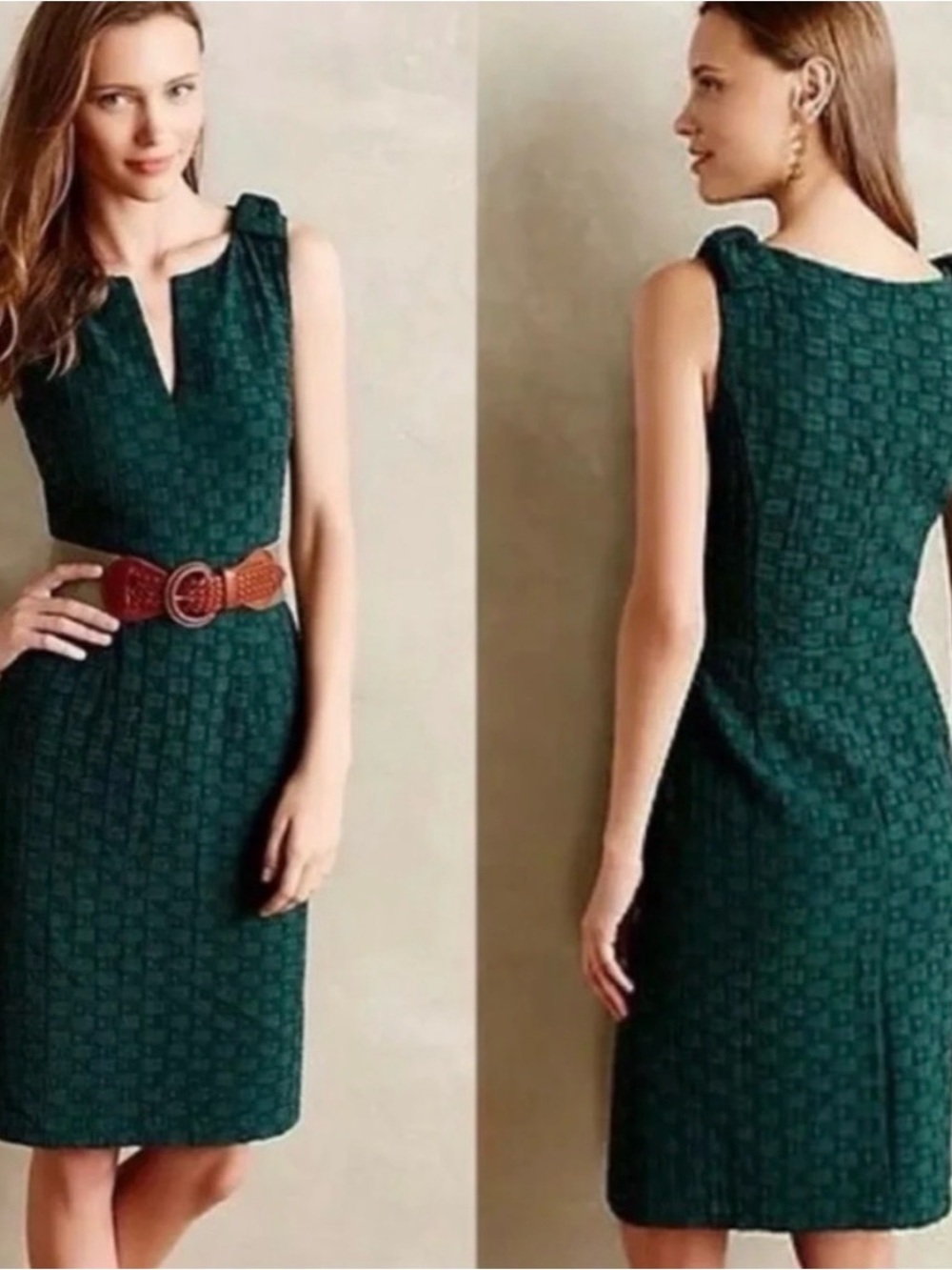 Tabitha Tema Anthropologie Basketweave Emerald Sheath Dress 8